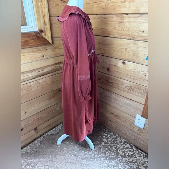 Vintage Rust Long Sleeve Maxi Dress Floral Embroidery Corduroy Lace Womens Large - Picture 5 of 10